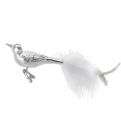 Inge Glas Manufaktur Baumschmuck Und Zubehör>Vogel, White Feathers 11cm, Vogel auf Klemme